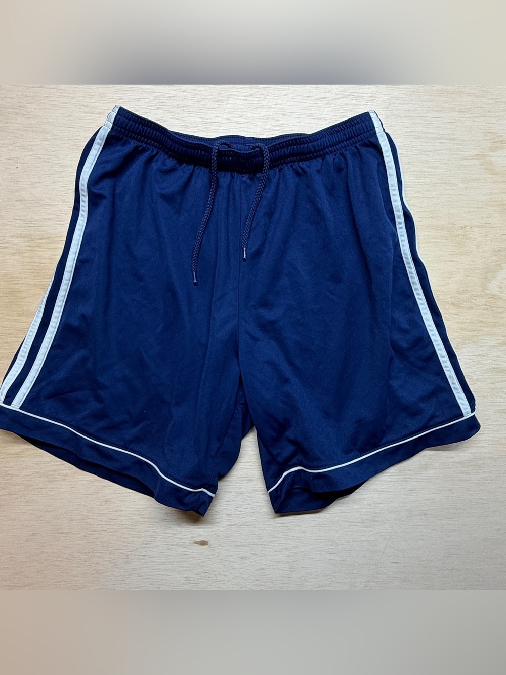 adidas Climalite Mens Soccer Shorts Navy Blue White 3-Stripe Drawstring Size L